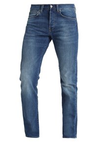 Niebieskie dżinsy o prostym kroju, z pięcioma kieszeniami, z zapięciem na guzik oraz lekkim przetarciem na udach dla urozmaicenia tekstury.