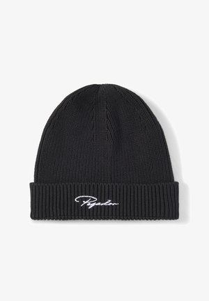Black knit beanie with a folded cuff featuring white cursive embroidered text centered on the cuff.