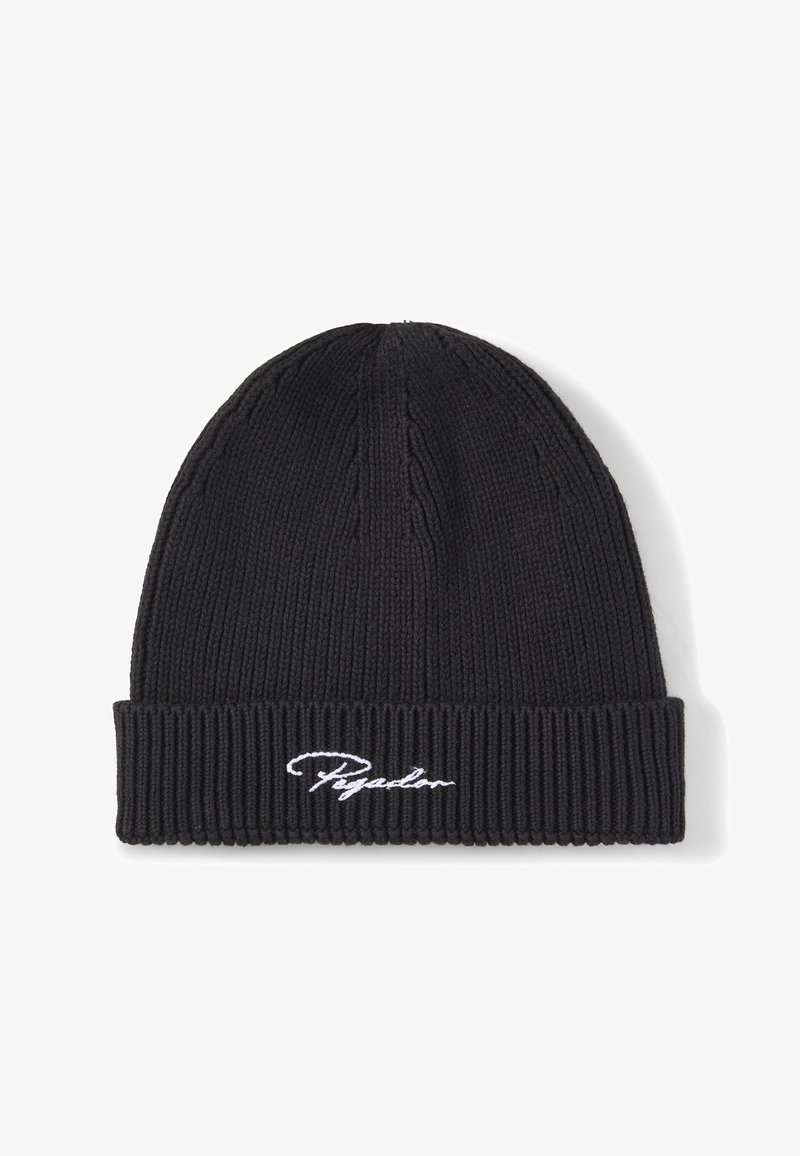 Bonnet en tricot noir avec bord plié présentant un texte brodé en cursive blanche centré sur le bord.