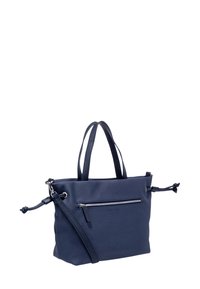 Dunkelblaue Handtasche mit doppelten Obergriffen, verstellbarem Schultergurt und einer vorderen Reißverschlusstasche auf einem schlichten weißen Hintergrund.