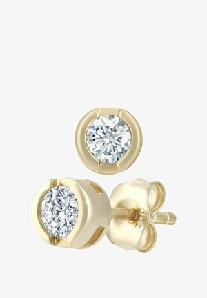 Kullast kõrvarõngad, millel on ümarad, säravad läbipaistvad vääriskivid, paigutatud kumeras disainis, sileda tekstuuriga ja kindla kinnitusega postitaga.