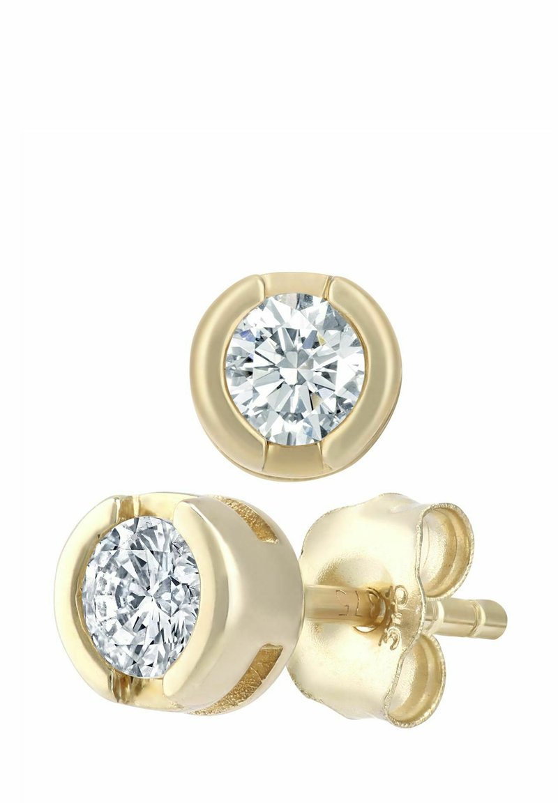 Gouden oorknopjes met ronde, sprankelende heldere edelstenen, gezet in een gebogen ontwerp met een gladde textuur en een veilige achterzijde met pen.