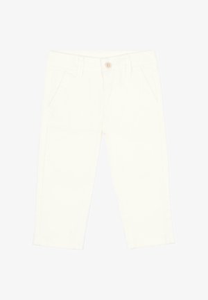 Pantaloni cropped color avorio con tasche frontali, passanti per cintura e chiusura con un solo bottone in vita.