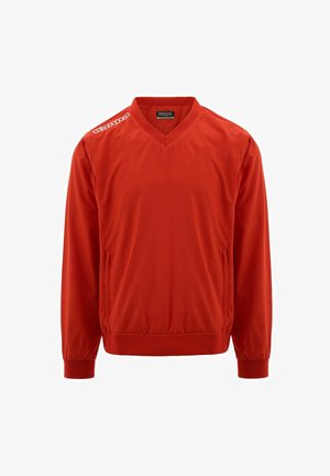 Giacca leggera rossa con scollatura a V, polsini elasticizzati e orlo. Presenta una texture del tessuto, una tasca laterale e il logo Kappa sulla spalla.