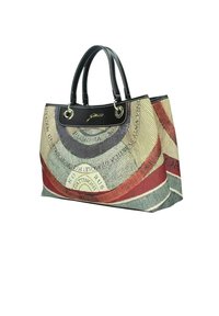 Grande borsa tote con un esterno a fantasia multicolore, caratterizzata da accessori in pelle nera e hardware dorato. Manici doppi per un facile trasporto.