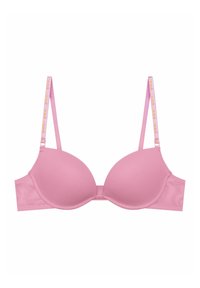 Różowy stanik z wyściełaną miską, wykonany z gładkiego materiału, z wąskimi regulowanymi ramiączkami z logo oraz bezszwowym designem dla uzyskania eleganckiego wyglądu.