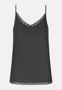 Black camisole with a scalloped lace trim along the neckline and hem, featuring slim straps and a smooth texture.