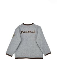 Grau Fleecejacke mit braunem Stehkragen und Bündchen, mit "Lausbub" in Braun auf dem Rücken gestickt. Enthält ein Patch am Ärmel.