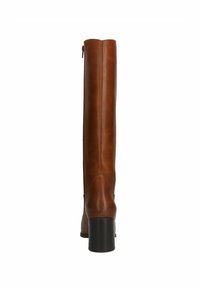 Brown leather knee-high boot with a rounded toe, prominent seam details, and a thick black block heel. Zipper closure at the back.