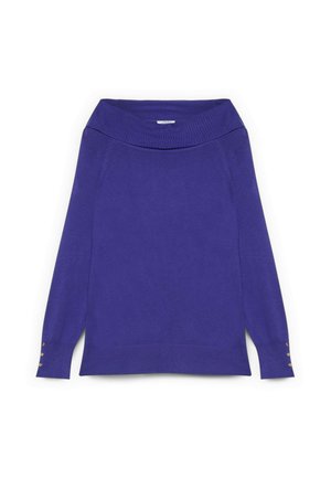 Maglione viola lavorato a maglia con scollatura ampia, maniche lunghe, spacco laterale e dettagli in bottone dorato sui polsini. Texture morbida e vestibilità comoda.