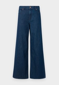 Blauwe wijde denim jeans met knoopsluiting aan de voorkant, riemlussen en een vijf-pocket ontwerp op een witte achtergrond.