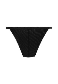 Melnas tanga apakšveļas, izgatavotas no gludas auduma ar šauru jostu. Iezīmē minimālu klājumu un delikātu mežģīņu apdari malās.