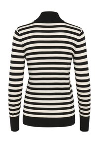 Pull à manches longues à rayures horizontales noires et blanches, avec un col montant et des poignets ainsi qu'une ceinture noirs unis, vu de dos.