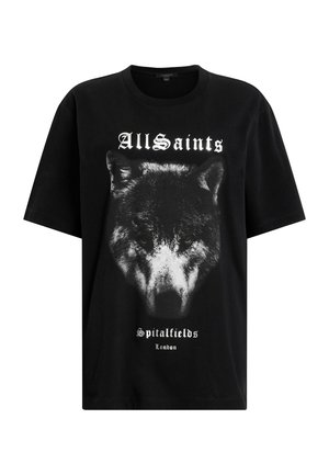Schwarzes Baumwoll-T-Shirt mit einem großen Grafikdesign eines Wolfsgesichts, mit "AllSaints" darüber und "Spitalfields London" darunter in weißem Text.
