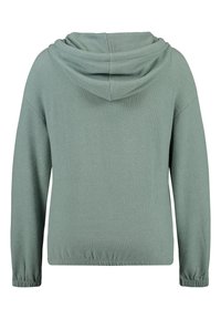 Kapturowa bluza z miękkiej zielonej tkaniny, charakteryzująca się luźnym krojem, długimi rękawami oraz elastycznymi mankietami i dołem. Prosty design, bez wzorów.