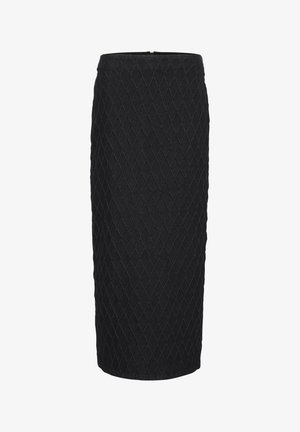 Gonna nera al ginocchio con motivo a diamante testurizzato, realizzata in tessuto denim, con chiusura a zip sul retro.