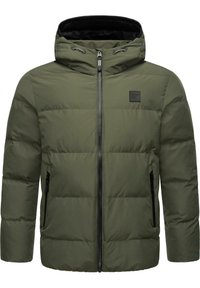 Groene pufferjack met een gewatteerd ontwerp, ritssluiting aan de voorkant, verstelbare capuchon en zijzakken met zwarte accenten.