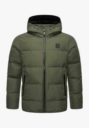 Veste doudoune verte avec un design matelassé, fermeture à glissière sur le devant, capuche ajustable et poches latérales avec des accents noirs.