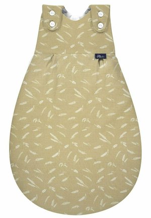 Grüner Schlafsack mit einem Federmuster in Weiß. Runde Form mit zwei Knopfverschlüssen an den Schultern und gerafftem Taillendetail.