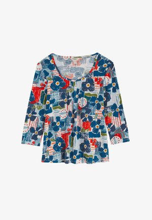 Bloemenprint blouse met 3/4 mouwen, in een mix van blauw, rood en groen, ronde halslijn en textuurstof.