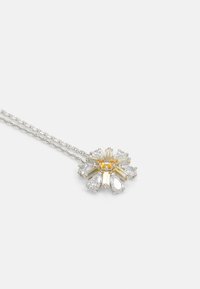Silver chain necklace with a floral pendant featuring clear and yellow gemstones in a petal arrangement, detailed with metal accents.