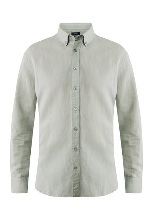 Jasnozielona koszula z długim rękawem, zapinana na guziki, wykonana z lnu, z kołnierzykiem typu spread, z przodu z zapięciem na guziki i subtelnym teksturowanym wykończeniem.