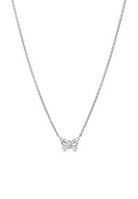 Zilveren halsketting met een vlinderhanger, gedetailleerd filigraanontwerp met uitsparingen en een centrale edelsteenaccent.