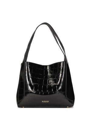 Schwarze Handtasche aus glänzendem Krokodilprägungsmaterial. Verfügt über eine breite, strukturierte Silhouette und zwei Schulterriemen. Goldenes Markenlogo sichtbar.