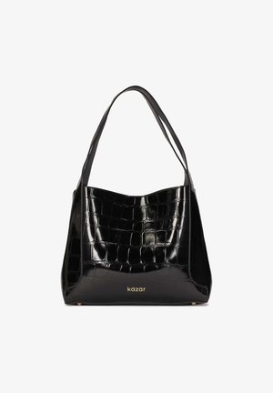 Schwarze Handtasche aus glänzendem Krokodilprägungsmaterial. Verfügt über eine breite, strukturierte Silhouette und zwei Schulterriemen. Goldenes Markenlogo sichtbar.