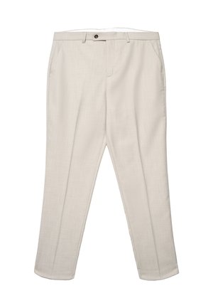 Helle beige Hose mit strukturierter Stoffqualität, geradem Schnitt und Ein-Knopf-Verschluss am Bund. Mit vorderen Taschen ausgestattet.