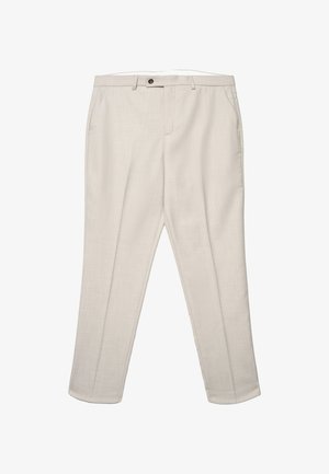 Helle beige Hose mit strukturierter Stoffqualität, geradem Schnitt und Ein-Knopf-Verschluss am Bund. Mit vorderen Taschen ausgestattet.