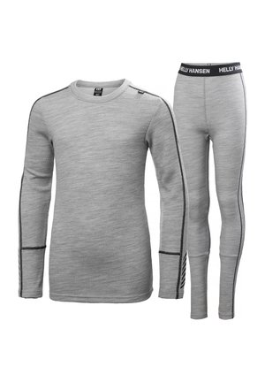 Grijs thermoshirt en legging set. Het shirt heeft lange mouwen, een ronde hals en zwarte accenten; de legging heeft een rekbare tailleband en zijstrepen.