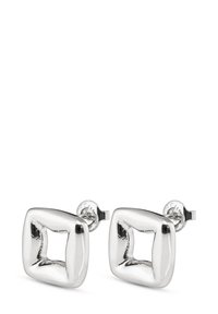 Pendientes de botón cuadrados de plata con un acabado pulido, que presentan un centro hundido y una textura suave. Diseño clásico con cierre de presión.