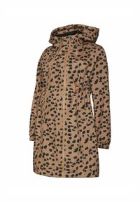Lätt beigefärgad jacka med svart leopardmönster, dragsko i midjan, dragkedja framtill och huva. Har elastiska muddar och sidofickor.