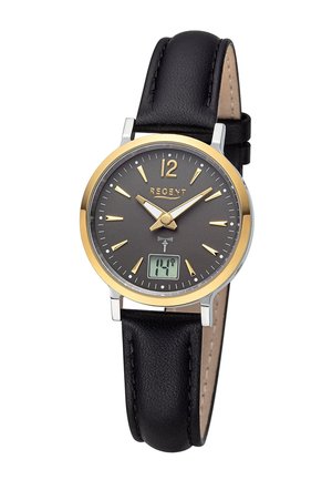 Analoge-digital Armbanduhr mit schwarzem Lederarmband, goldfarbenem Gehäuse, grauem Zifferblatt mit goldenen Markierungen und digitaler Datumsanzeige mit der Zahl "14".