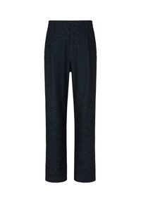 Donkerblauwe, getextureerde broeken met een rechter pijpdesign. Voorzien van een sluiting met een frontknop en zijzakken. Het materiaal lijkt zacht.