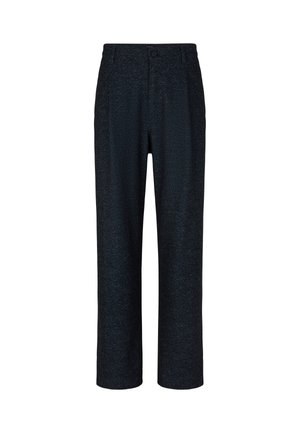 Pantaloni in blu scuro, con texture e design a gamba dritta. Presentano una chiusura con bottone frontale e tasche laterali. Il materiale sembra morbido.