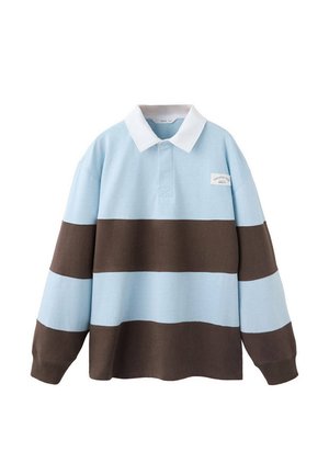 Maillot de rugby à manches longues avec larges rayures horizontales bleu clair et brun foncé et col blanc sur fond blanc.