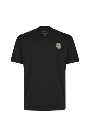 T-shirt in cotone nero con collo a giro, caratterizzata da un piccolo logo a scudo ricamato sul lato sinistro del petto, maniche corte e vestibilità regolare.
