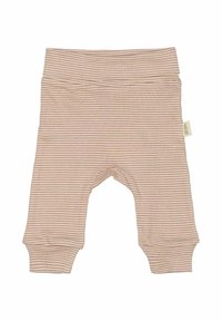 Pantalones de algodón para toddler con patrón de rayas horizontales en suave beige y rosa pastel. Cintura elástica, piernas ajustadas y detalles de etiqueta en los laterales.