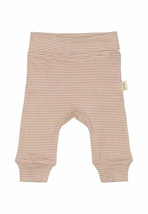 Baumwolle-Hosen für Kleinkinder mit horizontalem Streifenmuster in sanftem Beige und pastellrosa. Elastischer Bund, schmale Beine und seitliche Etikettendetails.