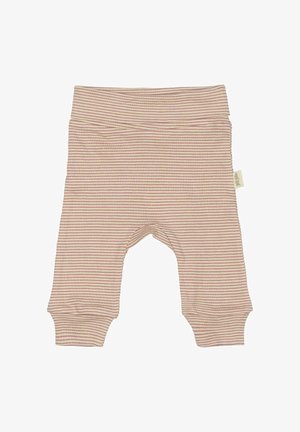 Pantaloni din bumbac pentru copii, cu un model cu dungi orizontale în nuanțe de bej deschis și roz pastels. Talie elastică, picioare conice și detalii cu etichetă pe laterale.