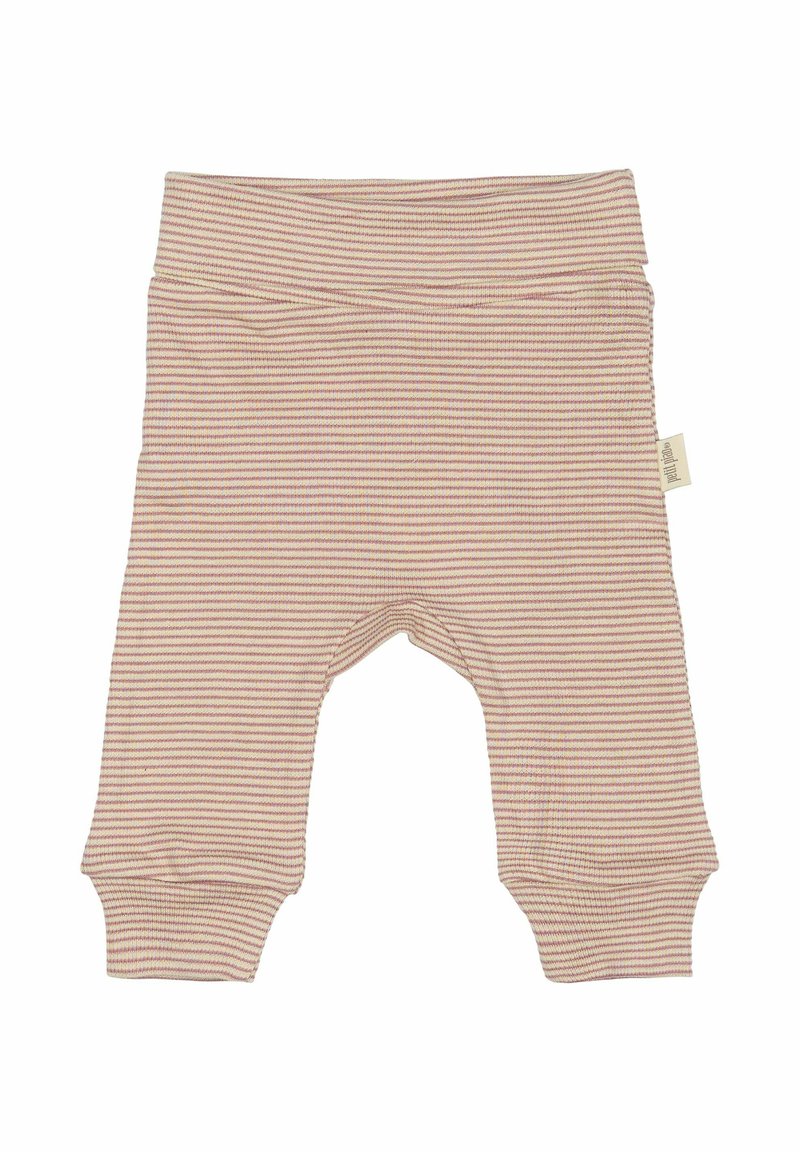Pantalones de algodón para toddler con patrón de rayas horizontales en suave beige y rosa pastel. Cintura elástica, piernas ajustadas y detalles de etiqueta en los laterales.