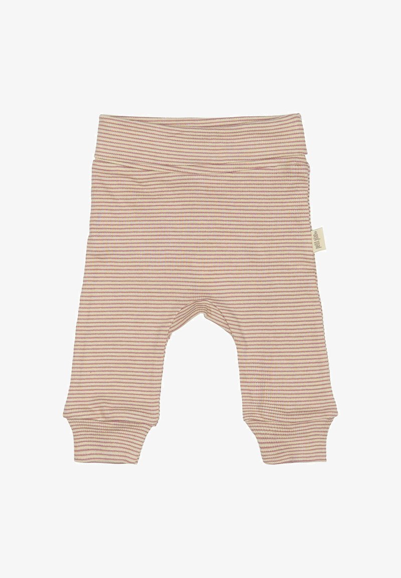 Pantaloni per bambini in cotone con motivo a righe orizzontali in un morbido beige e rosa pastello. Vita elastica, gambe affusolate e dettagli con etichetta laterale.