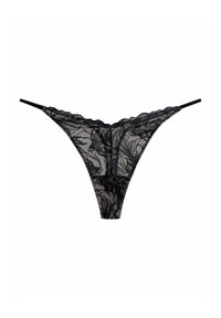 Schwarzer Spitzen-Thong mit floralen Mustern, transparenter Stoff, gewellten Kanten und dünnen Trägern. Das Design betont eine minimalistische Ästhetik.