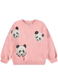 Pink sweatshirt featuring three panda head designs in sequins. Soft fabric with ribbed cuffs and rounded neckline. Casual, relaxed fit.