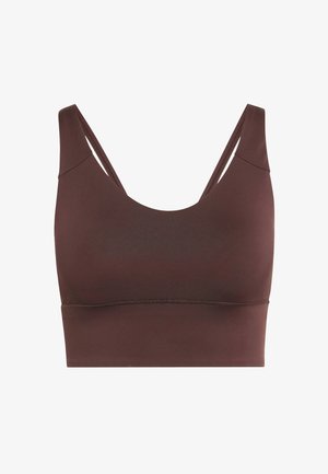 Brauner nahtloser Sport-BH mit dünnen doppelten Schulterträgern und einem breiten Unterband für Unterstützung.