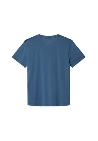 Modré bavlněné tričko s kulatým výstřihem a krátkým rukávem. Hladká textura, bez vzorů a jednoduchý design, z pohledu zezadu.