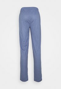 Pantalones azules con un diseño de diamantes, cinturilla elástica, piernas rectas y tejido ligero, con una textura suave.