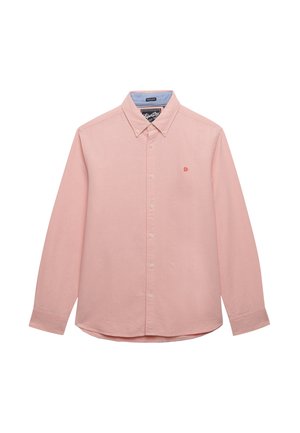 Herre langærmet lyserød skjorte med knapper foran og krave, lille rødt broderet logo på venstre bryst og manchetter med knapper.